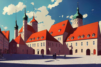 动漫风格塔林爱沙尼亚中世纪的小镇大厅小镇