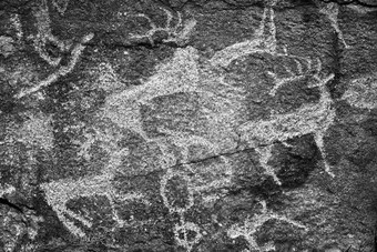 岩石绘画古老的人图像古老的猎人鹿墙古老的艺术历史考古学