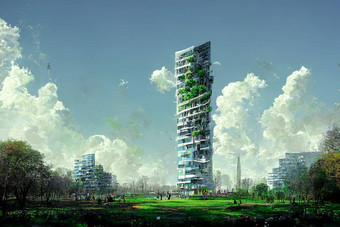 壮观的数字艺术插图生态未来主义的城市丰富的树
