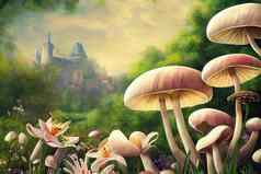 花夏天神奇的景观百合花蘑菇
