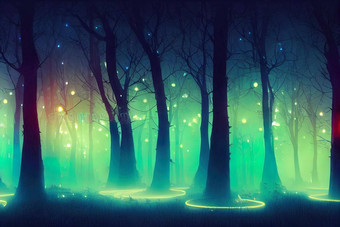 晚上神奇的幻想森林森林景观霓虹灯神奇的灯