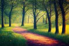 路径绿色草春天森林春天神秘