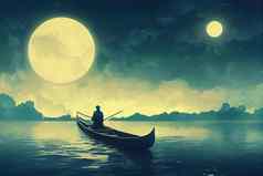 晚上风景男人。划船船
