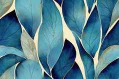 蓝色的叶子纹理模式水彩花背景无缝的模式