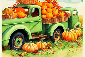 古董卡车填满秋天收获柳条篮子