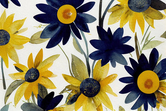 向日葵黄色的海军蓝色的水彩花花束放荡不羁的秋天