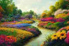 美丽的色彩斑斓的花园花树河流