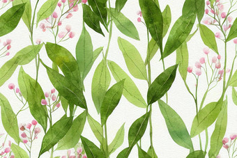 水彩<strong>光</strong>绿色尤卡利普图斯分支机构叶子粉红色的野花