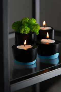 蜡烛莫斯黑色的蓝色的混凝土蜡烛持有人