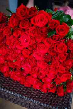 大花束红色的玫瑰女孩新鲜的花