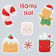 集明亮的圣诞节贴纸可爱的圣诞节字符杯馅饼棉花糖糖果狗姜饼男人。