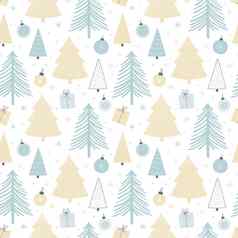 圣诞节无缝的模式多种多样的树圣诞节球礼物柔和的调色板斯堪的那维亚风格