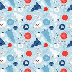 圣诞节无缝的模式冷杉树糖果圣诞节装饰雪人光蓝色的背景斯堪的那维亚风格