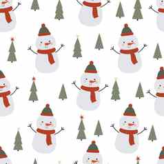 无缝的向量模式有趣的雪人圣诞节树冬天无缝的背景平卡通风格