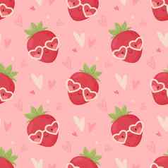 情人节一天无缝的背景可爱的卡通草莓穿心眼镜向量插图