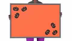 黑色的女孩持有橙色彩色的写作董事会南瓜模式角落万圣节D-Rendeirng