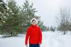 少年红色的毛衣红色的他站冬天公园