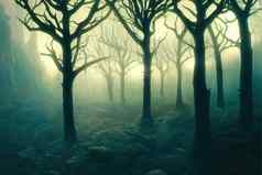 神秘的黑暗森林石头轮廓树可怕的黑暗