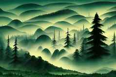 雾绿色森林森林全景景观