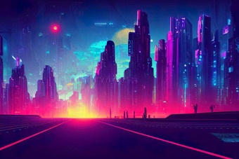 未来主义的晚上城市城市景观色彩斑斓的背景