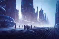 呈现科幻幻想概念城市景观运输