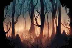 全景多雾的森林仙女演讲令人毛骨悚然的森林