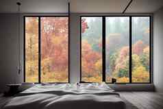 白色时尚的极简主义卧室秋天景观窗口