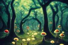 被施了魔法森林晚上照亮发光的蘑菇