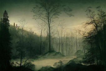 令人毛骨悚然的光多雾的森林
