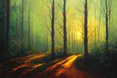 日出美丽的森林景观阳光魔法幻想神秘的黑暗