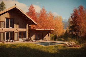呈现现代舒适的的小木屋池