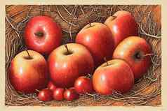 成熟的红色的苹果木桶水彩插图