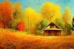 秋天森林木房子快乐卡通