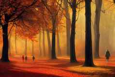 人漫步人行道秋天森林及