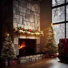 石头壁炉装饰圣诞节