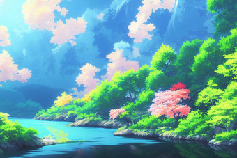 日本<strong>动漫</strong>风景<strong>壁纸</strong>特色美丽的粉红色的樱桃树山富士背景