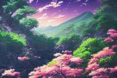 日本动漫风景壁纸特色美丽的粉红色的樱桃树山富士背景