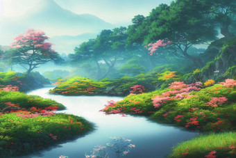 日本<strong>动漫</strong>风景<strong>壁纸</strong>特色美丽的粉红色的樱桃树山富士背景