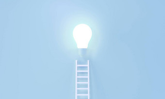 梯到达发光的光灯泡代表的想法创造力发明概念极简主义蓝色的柔和的背景呈现