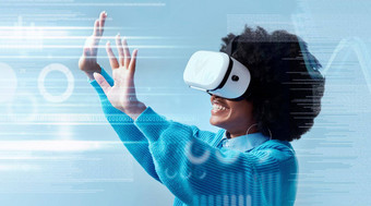 黑色的女人虚拟现实技术未来主义的科技互联网女孩耳机数字小工具用户经验元宇宙创新未来网络在线