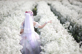 肖像亚洲年轻的女人<strong>洛丽塔</strong>时尚衣服白色花花园背景