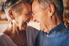 快乐高级夫妇笑额头脸快乐的幸福爱的关系首页特写镜头上了年纪的男人。女人笑微笑有趣的爱的触碰时刻