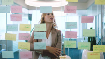 黏糊糊的请注意阅读业务女人规划策略市场营销的想法玻璃办公室工作员工工作项目管理思考时间表广告项目