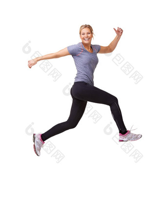采取健身<strong>飞跃</strong>时间有吸引力的年轻的女人跳跃空气框架孤立的白色
