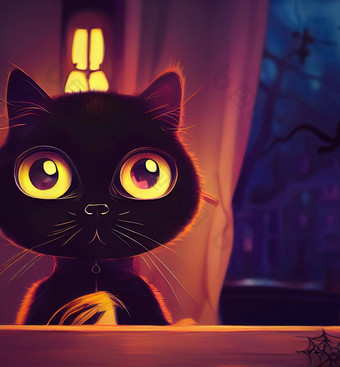 插图可爱的万圣节黑色的猫黑色的猫<strong>动画插图</strong>