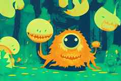 可爱的橙色怪物森林湖卡通幻想