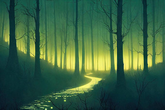 现实的闹鬼森林令人毛骨悚然的景观晚上幻想万圣节