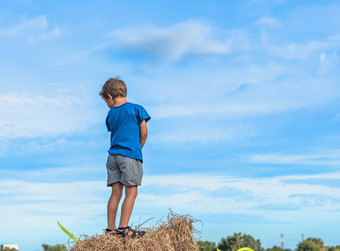 回来视图男孩站干草堆包有转冒犯了伤心孤独清晰的蓝色的天空太阳一天户外孩子孩子们夏天休闲活动概念童年护理农村空气自然