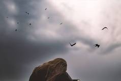 女孩少年学生孤独的心烦意乱天空鸟认为困难生活悲剧