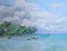 泰国海船海岸夏天水彩绘画